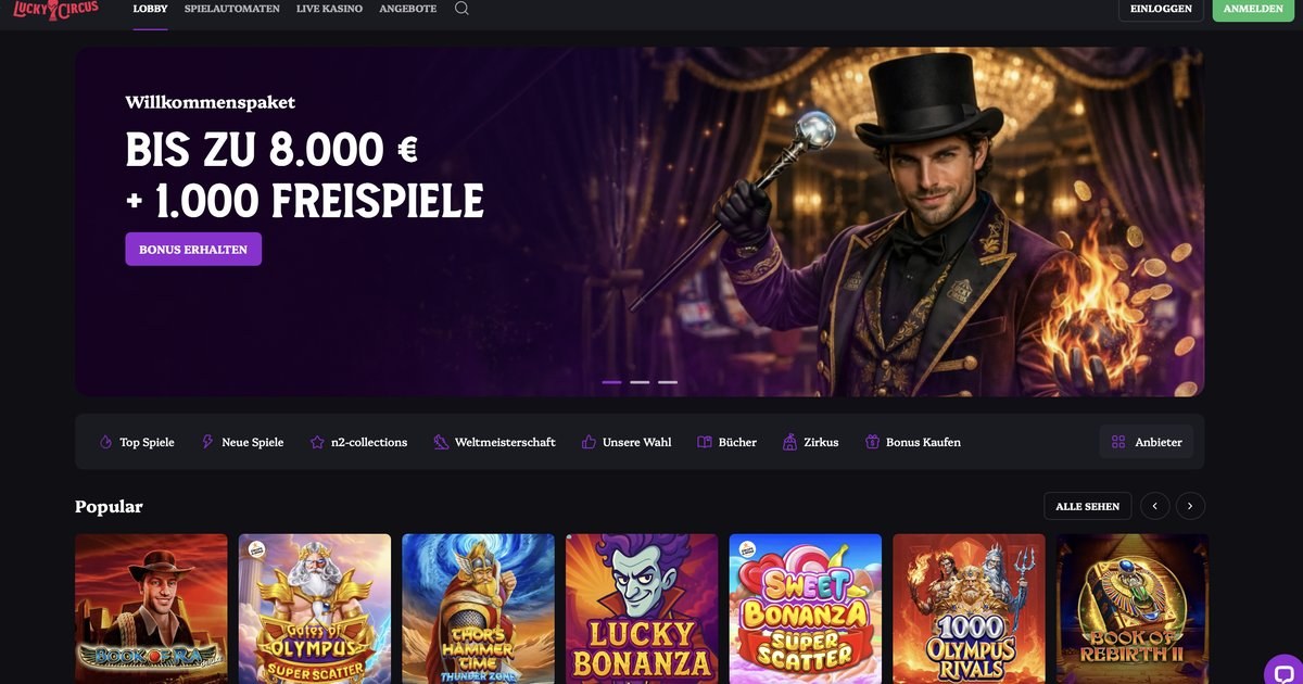 Lucky Circus Startseite Lucky Circus Casino Startseite mit Willkommenspaket und Spieleauswahl